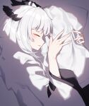  1girl absurdres arknights beudelb closed_eyes coat highres long_hair lying object_hug on_side owl_ears pillow pillow_hug profile ptilopsis_(arknights) sleeping solo upper_body white_coat white_hair 