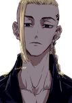  1boy black_eyes blonde_hair braid braided_ponytail closed_mouth commentary_request earrings empty_eyes head_tattoo hoop_earrings jewelry long_hair looking_at_viewer male_focus nori20170709 portrait ryuuguuji_ken single_earring solo tattoo tokyo_revengers twitter_username 