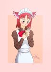  absurdres animal_ear_fluff animal_ears blush bow cat_ears eating eternal_cringe food grey_eyes highres hisui_(tsukihime) holding holding_food maid maid_headdress melty_blood open_mouth pink_hair self-upload short_hair standing tsukihime type-moon 
