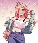  1girl blonde_hair chainsaw_man crop_top cross-shaped_pupils grey_hoodie hair_between_eyes highres hood hoodie horns lianbiglian long_hair looking_at_viewer midriff off_shoulder open_mouth power_(chainsaw_man) red_horns sharp_teeth smile solo symbol-shaped_pupils teeth yellow_eyes 