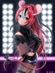  1girl :3 animal_ears bandeau black_bandeau black_hair black_nails black_ribbon black_shorts blackberry_baelz blue_eyes bodystocking bow breasts hair_ribbon hakos_baelz hand_on_own_hip high_ponytail highres hololive hololive_english lily_lily long_hair looking_at_viewer medium_breasts mouse_ears mouse_girl mouse_tail multicolored_hair nail_polish ponytail ribbon short_shorts shorts shrug_(clothing) smile solo streaked_hair tail tail_bow tail_ornament thigh_strap virtual_youtuber white_hair 