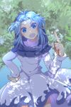  1girl :d blue_eyes blue_hair blue_sky cowboy_shot dress hand_on_own_hip highres index_finger_raised kesa kumoi_ichirin long_sleeves looking_at_viewer nayozane_(worker7) open_mouth outdoors shadow sky smile solo touhou tree white_dress wind wind_lift 