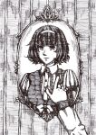  1girl absurdres frilled_shirt frills hairband highres looking_at_viewer mirror monochrome original puffy_sleeves reaching reaching_towards_viewer reflection selen_amami shirt short_hair solo traditional_media upper_body wall white_shirt 