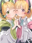  2girls absurdres animal_ear_headphones animal_ears blonde_hair blue_archive blue_bow blue_necktie bow cat_ear_headphones cheek-to-cheek fake_animal_ears green_eyes green_halo hair_bow halo headphones heads_together highres holding_hands interlocked_fingers jacket looking_at_viewer midori_(blue_archive) momoi_(blue_archive) multiple_girls necktie one_eye_closed pink_eyes pink_halo red_bow short_hair siblings simple_background sisters twins white_background white_jacket yunon_oto_mad 