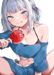  1girl :t absurdres adapted_costume black_bra blue_eyes blue_hair blue_hoodie blue_nails blunt_bangs blush bra breasts candy_apple clothing_cutout commentary eating fingernails food food_on_face gawr_gura gawr_gura_(1st_costume) grey_hair hair_ornament highres holding holding_food hololive hololive_english hood hoodie kohika looking_at_viewer medium_hair multicolored_hair nail_polish navel off_shoulder shark_hair_ornament sidelocks simple_background sitting small_breasts solo spread_legs stomach_cutout streaked_hair symbol-only_commentary two_side_up underwear virtual_youtuber white_background 