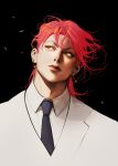  1boy black_background earrings formal glass_shards gold_earrings highres hisoka_morow hunter_x_hunter jewelry looking_to_the_side male_focus necktie ra_ho red_hair red_lips short_hair solo suit white_suit yellow_eyes 