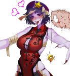  1girl 1other alternate_costume bandaged_arm bandages bite_mark black_hair black_ribbon blood blood_on_hands blush bow breasts cabbie_hat china_dress chinese_clothes cleavage cleavage_cutout clothing_cutout coin coin_on_string colored_skin commentary covered_navel cowboy_shot dress english_commentary fingernails freckles glasgow_smile hat hat_bow hat_ornament heart highres jiangshi large_breasts lips looking_at_viewer medium_bangs miyako_yoshika neck_ribbon nose_blush open_mouth outstretched_arms pendulum piercing pov pov_hands purple_eyes purple_headwear purple_skin red_dress red_nails ribbon sharp_fingernails sharp_teeth short_hair simple_background sleeveless sleeveless_dress solo_focus star_(symbol) star_hat_ornament teeth tomatolover16 tongue tongue_out tongue_piercing touhou trembling white_background white_bow zombie_pose 