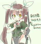  1girl black_gloves black_thighhighs blush brown_hair character_name dated elbow_gloves fujii_rino gloves green_background hair_ribbon kantai_collection long_hair parted_lips pelvic_curtain puffy_short_sleeves puffy_sleeves ribbon short_sleeves simple_background single_elbow_glove single_glove sketch solo thighhighs tone_(kancolle) tone_kai_ni_(kancolle) twintails twitter_username yellow_eyes 