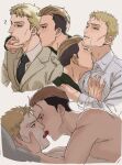  2boys ? blonde_hair blush collage cropped_torso eye_contact finger_in_another&#039;s_mouth french_kiss goatee_stubble grabbing highres kiss kissing_neck looking_at_another male_focus marley_military_uniform multiple_boys mustache_stubble nude pectoral_grab porco_galliard reiner_braun shingeki_no_kyojin shirt short_hair sssida3 sweat tongue tongue_out yaoi 