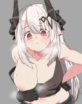  1girl alternate_costume arknights bare_shoulders black_gloves blush breasts cleavage closed_mouth clothes_pull collarbone from_above gloves grey_background grey_hair hand_on_own_hip highres horns large_breasts long_hair looking_at_viewer looking_up mudrock_(arknights) naizilao navel nipples one_breast_out pointy_ears pulled_by_self red_eyes shirt_pull sidelocks simple_background solo steaming_body sweat tank_top very_long_hair 