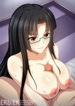  1boy 1girl artist_name black_hair breasts censored closed_mouth collarbone completely_nude glasses hetero high_school_dxd highres large_breasts long_hair minaisu mosaic_censoring nipples nude paizuri parted_bangs penis shinra_tsubaki smile sweat watermark yellow_eyes 