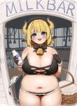  1girl absurdres animal_ears ass_visible_through_thighs basket bell big_belly bikini black_gloves blue_eyes blush bottle bow bowtie breasts cleavage commission cow_ears cow_girl cow_horns cow_tail cowbell ear_tag frilled_bikini frills gloves highres holding holding_basket holding_bottle horns huge_breasts ichika_(ichika_manga) maid maid_bikini milk_bottle milking_machine navel neck_bell open_mouth original plump skeb_commission smile solo sweatdrop swimsuit tail thigh_gap unconventional_maid 