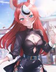  1girl animal_ears black_hair blue_eyes blush breasts cleavage closed_mouth earrings hair_ornament hakos_baelz highres hololive hololive_english jewelry long_hair looking_at_viewer medium_breasts mouse_ears mouse_girl mouse_tail multicolored_hair multiple_girls navel red_hair sk_jynx smile solo streaked_hair tail virtual_youtuber white_hair 