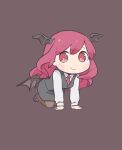  1girl all_fours bat_wings black_skirt black_vest chibi citrus_(place) full_body grey_background head_wings koakuma long_hair long_sleeves looking_at_viewer low_wings necktie pantyhose purple_hair red_eyes red_hair red_necktie simple_background skirt skirt_set smile solo touhou vest wings 