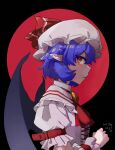  1girl ascot bat_wings black_background blue_hair brooch collared_shirt frilled_shirt_collar frills full_moon hat highres jewelry mob_cap moon onionmay pointy_ears red_ascot red_eyes red_moon remilia_scarlet shirt short_hair simple_background slit_pupils solo touhou white_headwear white_shirt wings wrist_cuffs 