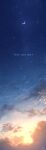  blue_sky cloud crescent_moon english_text gradient_sky highres moon no_humans original outdoors rune_xiao scenery sky star_(sky) starry_sky sun sunset 