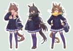  3girls agnes_tachyon_(umamusume) ahoge animal_ears artist_name bag black_hair black_scarf blue_coat brown_footwear brown_hair buttons coat commentary_request double-breasted earrings full_body hair_between_eyes hair_ornament hands_in_pockets hands_on_own_hips highres horse_ears horse_girl horse_tail jewelry jungle_pocket_(umamusume) loafers long_hair manhattan_cafe_(umamusume) multicolored_hair multiple_girls open_mouth plaid plaid_scarf pleated_skirt purple_shirt purple_thighhighs red_eyes scarf shirt shoes short_hair shoulder_bag simple_background single_earring skirt smile streaked_hair tail thighhighs tracen_winter_coat umamusume welchino white_hair x_hair_ornament yellow_eyes yellow_scarf 