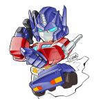  artist_name autobot blue_eyes chibi gun highres holding holding_gun holding_weapon mecha no_humans optimus_prime pointing robot roller_(transformers) science_fiction solo_focus transformers weapon white_background yinghawk 
