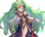  1girl black_dress blush breasts commentary_request dress feet_out_of_frame fire_emblem fire_emblem:_three_houses green_eyes green_hair highres io_(io_oekaki) leaning_forward long_hair looking_down pointy_ears ribbon simple_background small_breasts solo sothis_(fire_emblem) tassel tiara very_long_hair white_background wrist_ribbon 