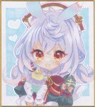  1girl animal_ears blush border cupcake eyelashes food genshin_impact gloves grey_hair heart holding holding_food open_mouth puffy_sleeves short_twintails sigewinne_(genshin_impact) solo traditional_media twintails upper_body white_border white_gloves white_hair wminiminiw 