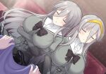  1boy 2girls bow bowtie breasts closed_eyes collared_shirt copyright_request grey_hair highres large_breasts long_hair multiple_girls perapera school_uniform shirt siblings sleeping solo_focus twins 
