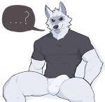  anthro black_sclera bulge canid canine canis clothing death_(puss_in_boots) detailed_bulge fur green_body green_fur hi_res jrjresq male mammal puss_in_boots_(film) question_mark red_eyes shirt sitting solo t-shirt topwear underwear wolf 