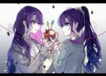  2girls apple asahina_mafuyu asahina_mafuyu&#039;s_mother blue_eyes curly_hair food fruit hands_up highres holding holding_food holding_fruit linch long_hair long_sleeves looking_at_another mother_and_daughter multiple_girls ponytail project_sekai purple_eyes purple_hair rabbit shade simple_background smile string string_of_fate sweater 