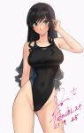  1girl amagami artist_name black_eyes blush breasts collarbone competition_swimsuit covered_navel curly_hair hairband highleg highres large_breasts long_hair looking_at_viewer morishima_haruka one-piece_swimsuit signature simple_background solo standing swimsuit yoo_tenchi 