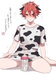  1boy ace_trappola animal_print barefoot bottle cow_print cum facial_mark feet highres male_focus meshi_kue_yo milk milk_bottle red_eyes red_hair shirt short_hair solo toes twisted_wonderland white_shirt 