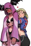  2girls absurdres anger_vein black_bra blonde_hair bra cammy_white clenched_teeth crop_top cropped_jacket han_juri heart highres hug hug_from_behind multicolored_hair multiple_girls official_alternate_costume official_alternate_hairstyle pajamas peter_chai pink_pajamas smile street_fighter street_fighter_6 teeth twintails underwear union_jack_print unzipped 