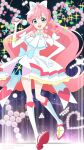  1girl :d bare_shoulders boots bow cure_prism dot_nose dress elbow_gloves gloves green_eyes hair_bow hand_on_own_hip heart highres hirogaru_sky!_precure holding holding_microphone indoors knee_boots layered_dress legs_apart long_hair looking_at_viewer magical_girl microphone open_mouth pink_hair precure shirubaa sidelocks sleeveless sleeveless_dress smile solo stage stage_lights swept_bangs very_long_hair watermark white_bow white_dress white_footwear white_gloves 