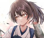  1girl blush brown_eyes brown_hair dairyo3 flight_deck hair_between_eyes highres japanese_clothes kaga_(kancolle) kantai_collection long_hair muneate open_mouth portrait side_ponytail solo tasuki 