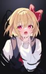  1girl black_vest blonde_hair blush collared_shirt darkness fang hair_between_eyes hair_ribbon highres long_sleeves open_mouth red_eyes red_ribbon ribbon rumia shirt short_hair skin_fang solo touhou upper_body usushio vest white_shirt 
