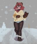  2023 alice_lovage anthro bear bovid bovine brown_body brown_fur carly_bear cattle claws clothing collar cupcakecarly digital_media_(artwork) duo female fur girly hi_res legwear male mammal pantyhose pawpads size_difference smile snow snowman sweater topwear walking 