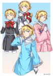  ... 1girl aegis_(persona) android black_jacket black_skirt blonde_hair blue_background blue_dress blue_eyes bow bowtie dress gradient_background graysheartart hairband highres jacket japanese_clothes joints kimono light_smile looking_at_viewer mechanical_arms multiple_views own_hands_together parted_lips persona persona_3 pink_kimono pleated_skirt robot_joints school_uniform short_hair simple_background skirt solo twitter_username white_background 