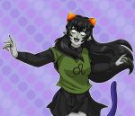  2_horns absurd_res animal_humanoid big_breasts black_bottomwear black_clothing black_hair black_shirt black_skirt black_topwear blue_body blue_fur blue_tail blush bottomwear breasts cat_humanoid clothed clothing colored_nails cute_fangs digital_media_(artwork) fangs felid felid_humanoid feline feline_humanoid female footwear fully_clothed fur green_clothing green_footwear green_nails green_shirt green_topwear grey_body grey_skin grim_kitkat hair hi_res homestuck horn horned_humanoid humanoid long_hair mammal mammal_humanoid meulin_leijon ms_paint_adventures nails open_mouth shirt skirt solo tail teeth topwear webcomic 