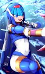  1girl absurdres android blue_eyes crystal gloves helmet highres holding holding_polearm holding_weapon ice leg_up leviathan_(mega_man) mega_man_(series) mega_man_x_(series) mega_man_x_dive mega_man_zero nanayaryuoo open_mouth polearm robot robot_girl signature smile spear thighhighs underwater water weapon white_gloves 