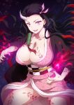  1girl artist_name asa_no_ha_(pattern) black_hair breasts checkered_haori checkered_sash cleavage collarbone cracked_skin demon_girl demon_horns fingernails highres horns japanese_clothes joy_ride kamado_nezuko kimetsu_no_yaiba kimono large_breasts lens_flare long_hair looking_at_viewer multicolored_hair open_mouth pink_eyes pink_kimono pink_ribbon red_hair ribbon sharp_fingernails sharp_teeth solo teeth 