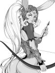  1girl animal_ears arrow_(projectile) artist_name ass bow_(weapon) breasts commentary dark-skinned_female dark_skin final_fantasy final_fantasy_xii fran_(ff12) greyscale headpiece high_ponytail highleg highleg_leotard highres holding holding_weapon leotard long_hair mandytsune medium_breasts monochrome parted_lips ponytail rabbit_ears rabbit_tail shiny_skin short_sleeves simple_background smile solo tail vambraces viera watermark weapon white_background 