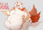  anthro arknights belly big_belly big_butt birthday_cake blush bodily_fluids bottomwear butt cake canid canine canis clothing dessert domestic_dog eyes_closed food fruit fur hair holding_cake holding_food holding_object horn huge_belly hung_(arknights) hypergryph long_hair male mammal markings obese obese_anthro obese_male open_mouth overweight overweight_anthro overweight_male pants pink_tongue plant ryuhayabusa7644 solo strawberry striped_markings stripes studio_montagne sweat sweatdrop tail tail_motion tailwag tan_body tan_fur thick_thighs tongue torn_bottomwear torn_clothing torn_pants white_body white_fur white_hair 