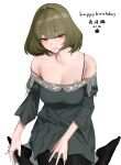  1girl absurdres bare_shoulders bite_mark_on_breast black_pantyhose bob_cut breasts character_name cleavage collarbone dated dress green_dress green_eyes happy_birthday heterochromia highres idolmaster idolmaster_cinderella_girls large_breasts looking_at_viewer mole mole_under_eye off-shoulder_dress off_shoulder pantyhose senju_(snz0) signature simple_background smile solo strap_slip takagaki_kaede white_background 