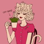  1other androgynous animal_ears bella_scottland black_nails cat_ears cat_tail chair chimera_ant closed_eyes collared_shirt cup curly_hair fingernails fur-trimmed_shirt fur_trim grass holding holding_cup hunter_x_hunter nail_polish neferpitou on_chair other_focus pink_background pink_shirt red_lips sharp_fingernails shirt short_hair simple_background sitting smile solo tail white_hair 