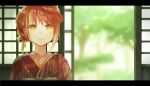  1girl blurry blurry_background day hair_ribbon highres indoors japanese_clothes kimono letterboxed open_door original red_hair ribbon sliding_doors solo stoolpower upper_body yellow_eyes 