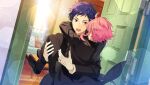  2boys ahoge arms_around_neck black_footwear black_pants blue_hair carrying chair curtains dark_blue_hair door ensemble_stars! fushimi_yuzuru gloves happy_elements himemiya_tori indoors male_focus multiple_boys noble_game_(ensemble_stars!) official_art open_mouth pants pillow pink_hair princess_carry purple_eyes short_bangs short_hair table teeth third-party_source upper_body white_gloves window 