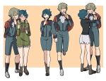  1boy 1girl asticassia_school_uniform black_jacket black_shirt blue_hair blue_shirt blue_shorts border cheek_pinching elan_ceres green_jacket grey_hair gundam gundam_suisei_no_majo hetero holding_hands holding_ice_cream ice_cream_cone jacket kaizergamma norea_du_noc orange_background pinching school_uniform shirt short_hair shorts white_border white_shorts 