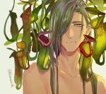  1boy green_hair hair_behind_ear hair_down hair_over_one_eye light_smile long_hair looking_at_viewer male_focus nikkari_aoe pitcher_plant plant pota_(bluegutty) simple_background slit_pupils smile solo topless_male touken_ranbu twitter_username upper_body white_background yellow_eyes 
