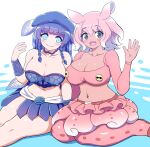  2girls bare_shoulders belt blue_eyes blue_hair blunt_bangs bracer braid braided_sidelock breasts coelacanth_(kemono_friends) collarbone cropped_shirt dark_blue_hair fins fish_girl grey_eyes head_fins highres japanese_pancake_devilfish_(kemono_friends) kemono_friends kemono_friends_3 large_breasts long_hair long_sleeves looking_at_viewer mamiyama midriff multicolored_hair multiple_girls navel open_mouth pantyhose pink_belt pink_hair pink_pantyhose pink_shirt shirt short_hair side_braid skirt smile stomach twin_braids two-tone_hair very_long_hair waving white_hair 