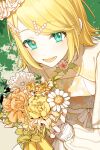  1girl blonde_hair blush bouquet commentary english_commentary floral_print flower green_eyes holding holding_bouquet kagamine_rin leaf liso long_sleeves looking_at_viewer lower_teeth_only multiple_hairpins open_mouth orange_flower short_hair solo teeth upper_body vocaloid yellow_flower 