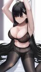  1girl absurdres bare_shoulders black_hair blue_archive blush breasts bright_pupils cleavage collarbone hair_ornament hairclip halo highres large_breasts long_hair looking_at_viewer navel red_eyes rio_(blue_archive) solo thighs white_pupils yamikyon 