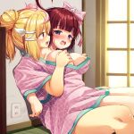  2girls absurdres ahoge blonde_hair blush bow breasts grabbing grabbing_another&#039;s_breast hair_bow highres large_breasts looking_at_another multicolored_hair multiple_girls naked_shirt open_mouth original pink_hair purple_eyes red_hair shared_shirt shirt smile streaked_hair thighs wanashi_tam yuri 